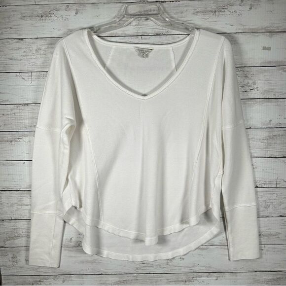 Lucky Boho Waffle Weave Raw Hem Oversized White V- Neck T-shirt Top L - Picture 1 of 6